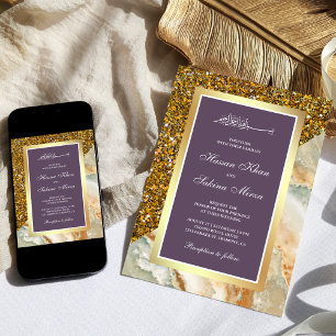 Gold Glitter Marble Dusty Purple Muslim Wedding Invitation