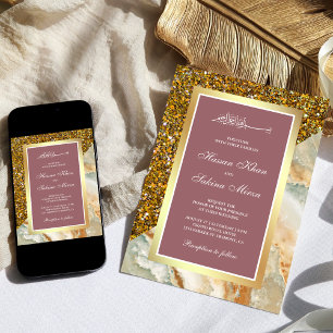 Gold Glitter Marble Dusty Rose Pink Muslim Wedding Invitation
