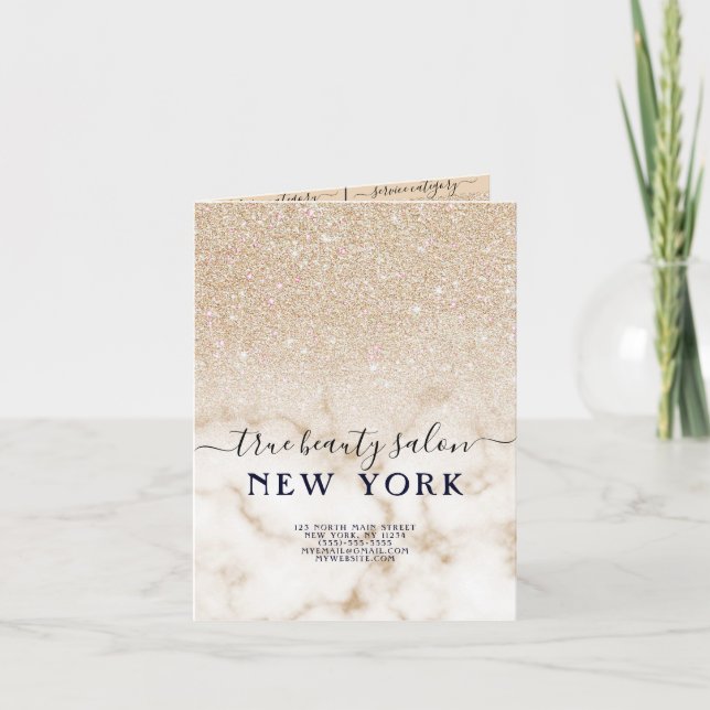 Gold Glitter Marble Gradient Salon Price List Note Card (Front)