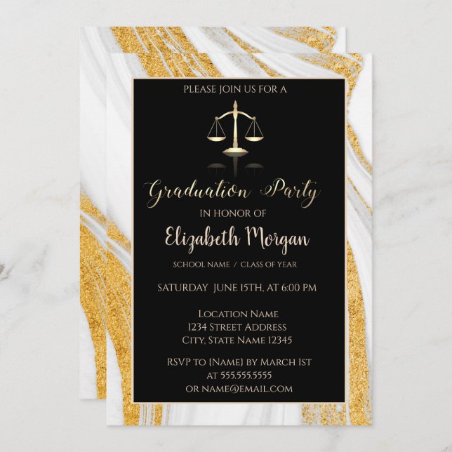 Gold Glitter Marble Law School Graduation Party Invitation (Front/Back)