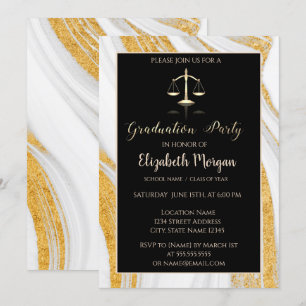 Gold Glitter Marble Law School Graduation Party Invitation