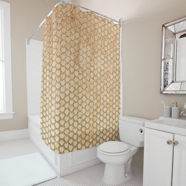 Gold Glitter Marble Mermaid Scales Pattern Shower Curtain (In Situ)