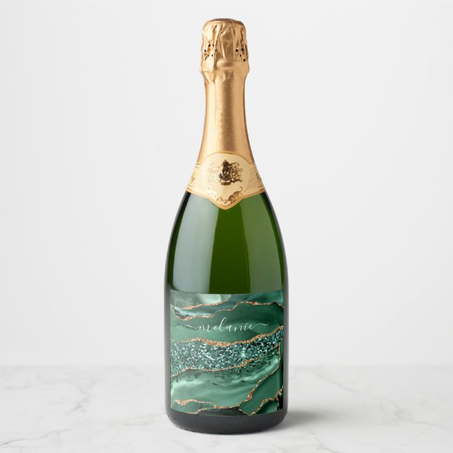 Gold Glitter Marble Name Sparkling Wine Label (Front)