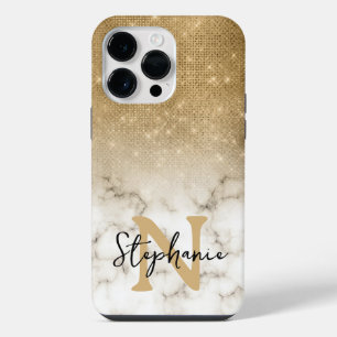 Gold Glitter Marble Ombre Monogram iPhone 14 Pro Max Case