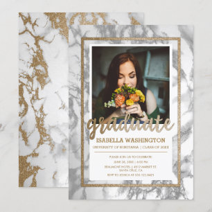 Gold Glitter Marble Script Photo Graduation Party Invitation