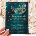gold glitter masquerade mask teal green Sweet 16 Invitation<br><div class="desc">A modern,  chic and glamourous sweet sixteen with a hand drawn gold glitter masquerade mask with gold glitter diamond sparkles on a dark teal green watercolor background.</div>