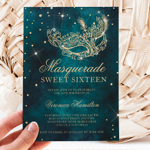 gold glitter masquerade mask teal green Sweet 16 Invitation