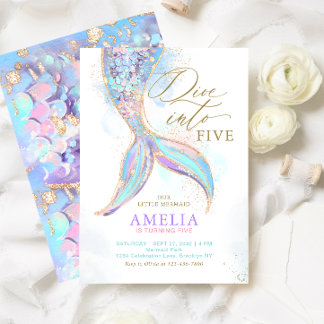 Gold Glitter Mermaid Tail Dive into Kids Birthday Invitation