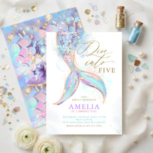 Gold Glitter Mermaid Tail Dive into Kids Birthday Invitation