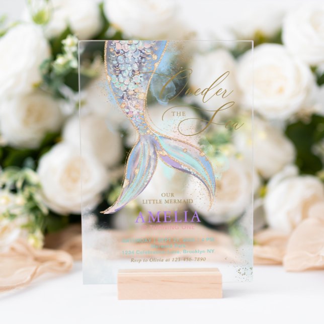 Gold Glitter Mermaid Tail ONEder the Sea Birthday Acrylic Invitations (Creator Uploaded)