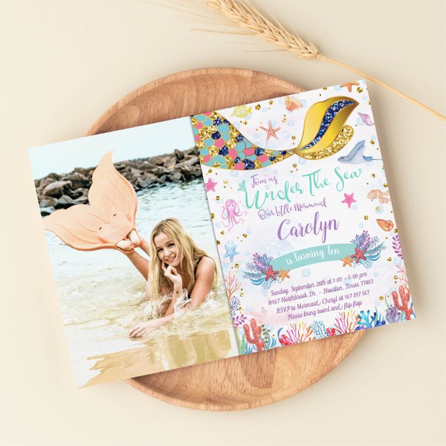 Gold Glitter|Mermaid Under The Sea Birthday Photo Invitation (Creator Uploaded)