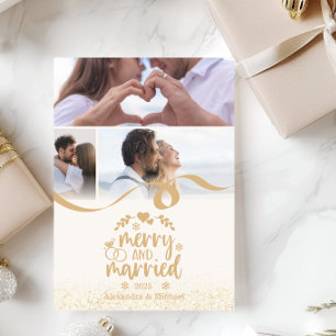 Gold Glitter Merry and Married 3 Photo Holiday Card