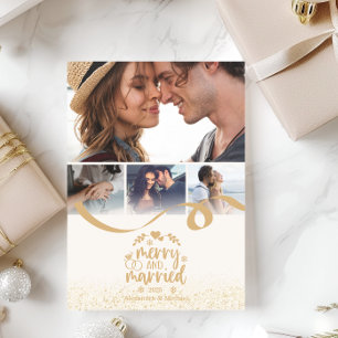 Gold Glitter Merry and Married 4 Photo Holiday Card