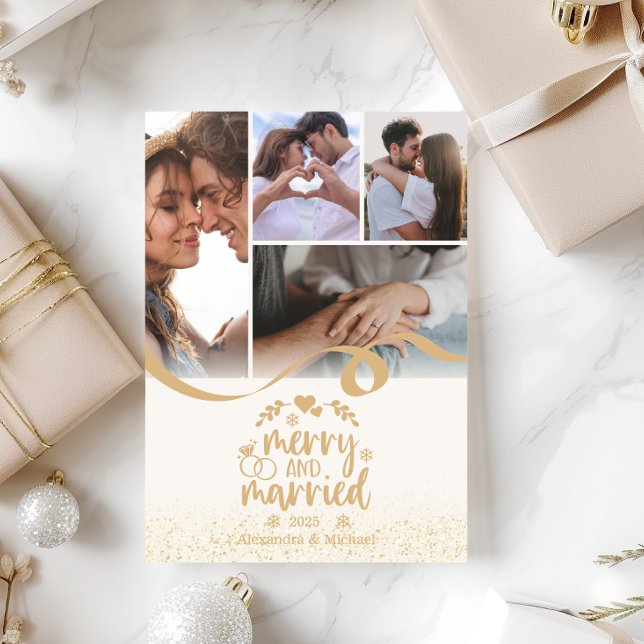 Gold Glitter Merry and Married 5 Photo Holiday Card (Creator Uploaded)