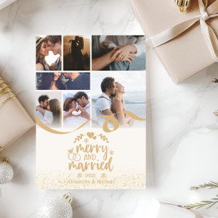 Gold Glitter Merry and Married 7 Photo Holiday Card
