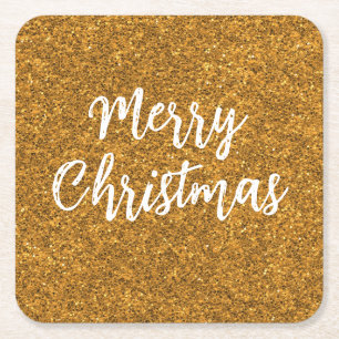 Gold Glitter Merry Christmas Calligraphy Square Paper Coaster