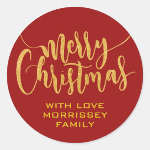 Gold Glitter Merry Christmas Personalised Red Classic Round Sticker