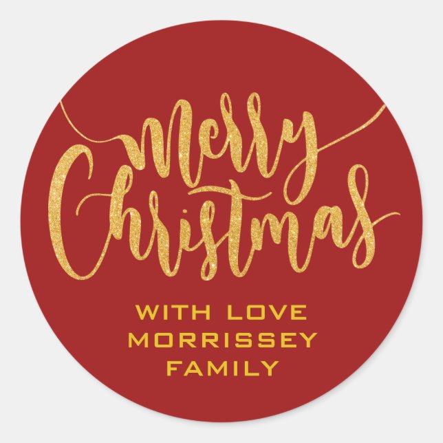 Gold Glitter Merry Christmas Personalised Red Classic Round Sticker (Front)