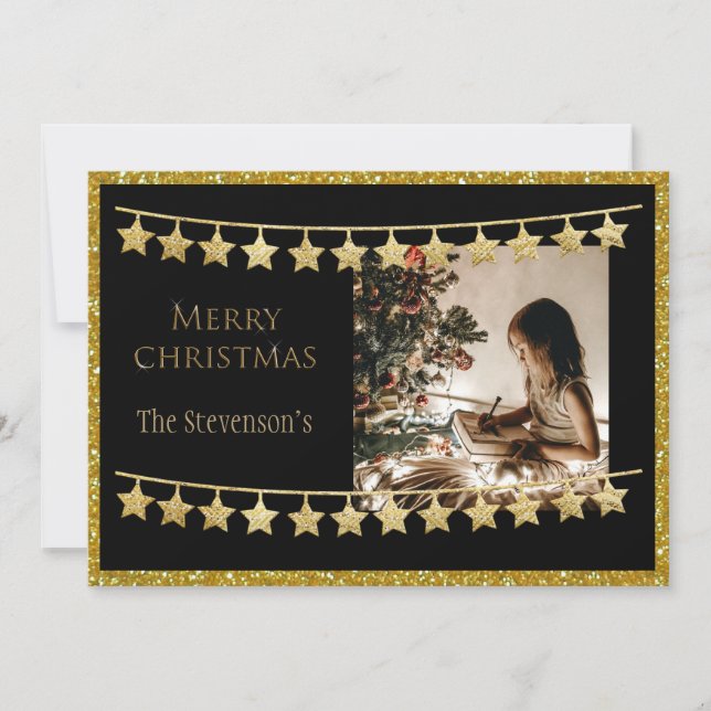 Gold Glitter Merry Christmas Photo Personalised Holiday Card (Front)