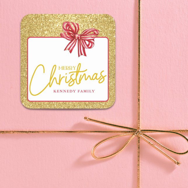 Gold Glitter Merry Christmas Red Bow Festive Square Sticker (Creator Uploaded)