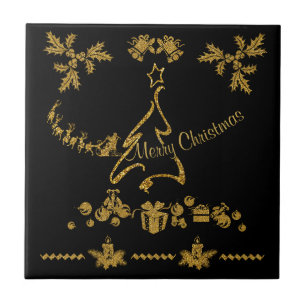 Gold Glitter Merry Christmas, Santa Claus Ceramic Tile