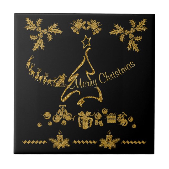 Gold Glitter Merry Christmas, Santa Claus Ceramic Tile (Front)