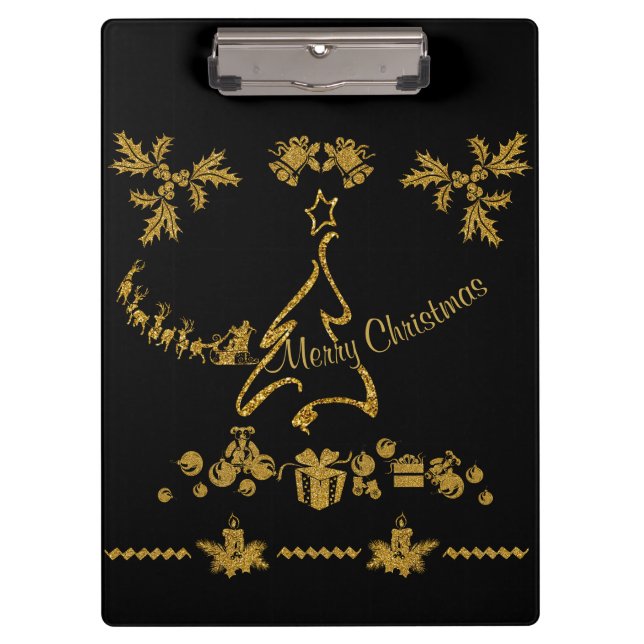 Gold Glitter Merry Christmas, Santa Claus Clipboard (Front)