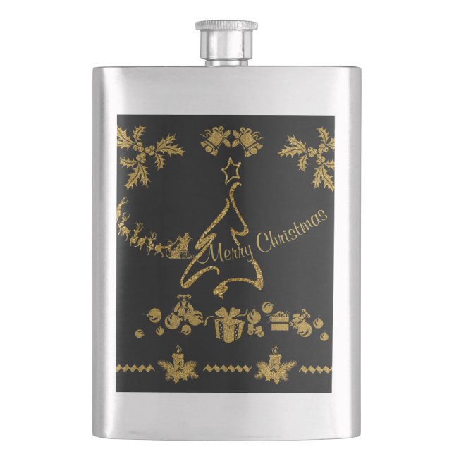 Gold Glitter Merry Christmas, Santa Claus Hip Flask (Front)