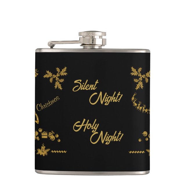 Gold Glitter Merry Christmas, Santa Claus Hip Flask (Front)