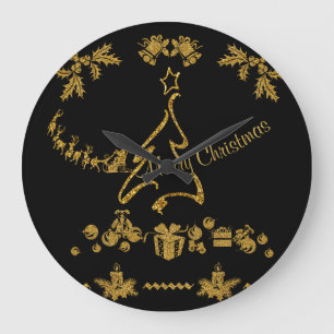 Gold Glitter Merry Christmas, Santa Claus Large Clock