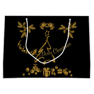 Gold Glitter Merry Christmas, Santa Claus Large Gift Bag
