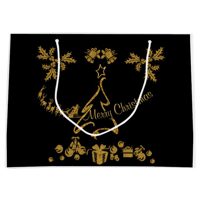 Gold Glitter Merry Christmas, Santa Claus Large Gift Bag (Front)