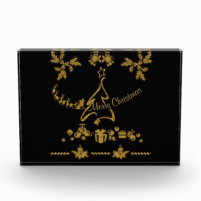 Gold Glitter Merry Christmas, Santa Claus Photo Block (Front)