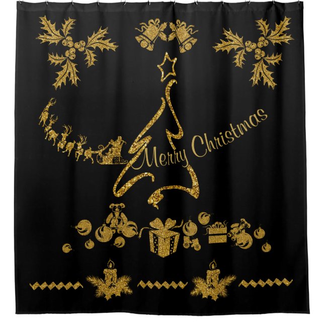 Gold Glitter Merry Christmas, Santa Claus Shower Curtain (Front)