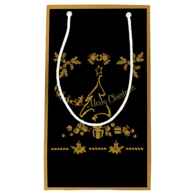 Gold Glitter Merry Christmas, Santa Claus Small Gift Bag (Front)