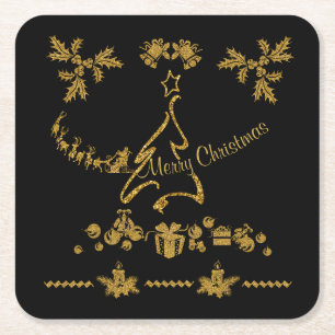 Gold Glitter Merry Christmas, Santa Claus Square Paper Coaster