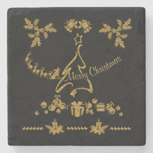 Gold Glitter Merry Christmas, Santa Claus Stone Coaster