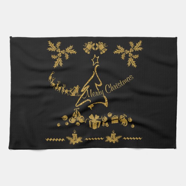 Gold Glitter Merry Christmas, Santa Claus Tea Towel (Horizontal)