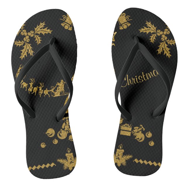 Gold Glitter Merry Christmas, Santa Claus Thongs (Footbed)