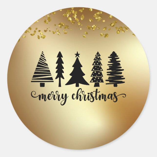 Gold Glitter Merry Christmas Tree Classic Round Sticker (Front)