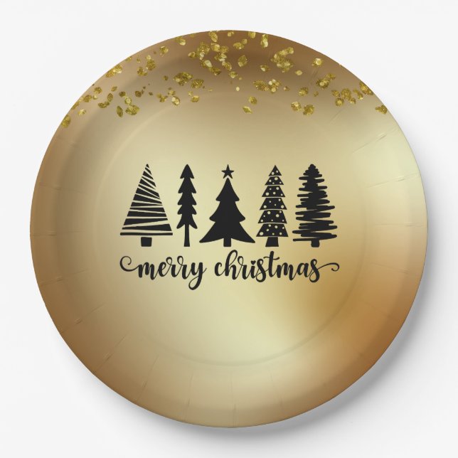Gold Glitter Merry Christmas Tree  Paper Plate (Front)