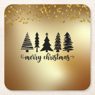 Gold Glitter Merry Christmas Tree Square Paper Coaster
