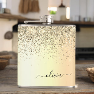 Gold Glitter Metal Monogram Glam Name Hip Flask