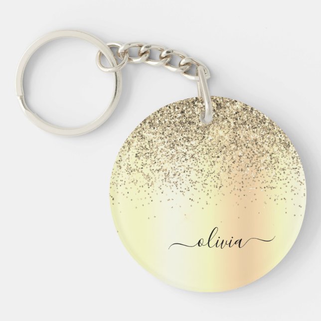 Gold Glitter Metal Monogram Glam Name Key Ring (Front)