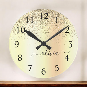 Gold Glitter Metal Monogram Glam Name Large Clock