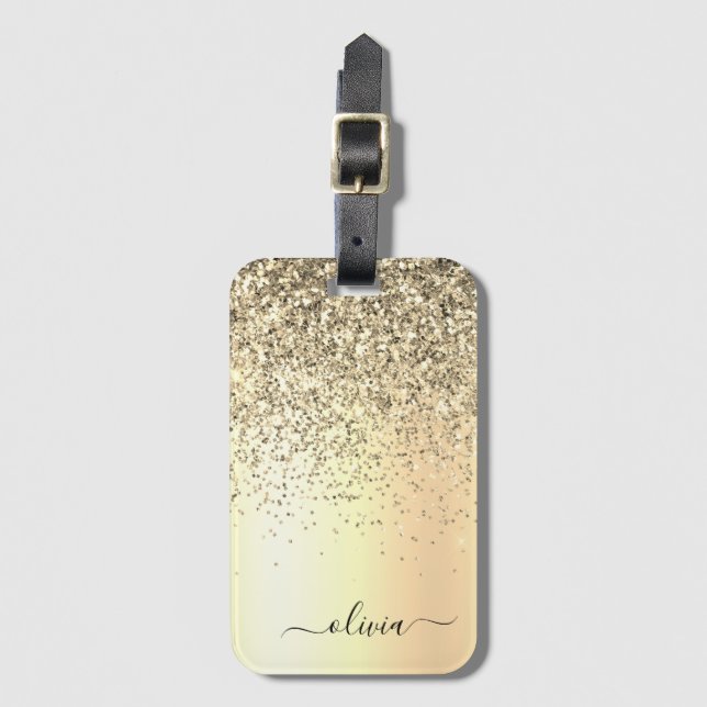 Gold Glitter Metal Monogram Glam Name Luggage Tag (Front Vertical)