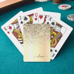 Gold Glitter Metal Monogram Glam Name Playing Cards