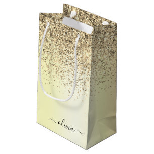 Gold Glitter Metal Monogram Glam Name Small Gift Bag