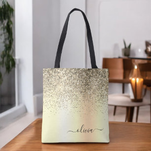 Gold Glitter Metal Monogram Glam Name Tote Bag