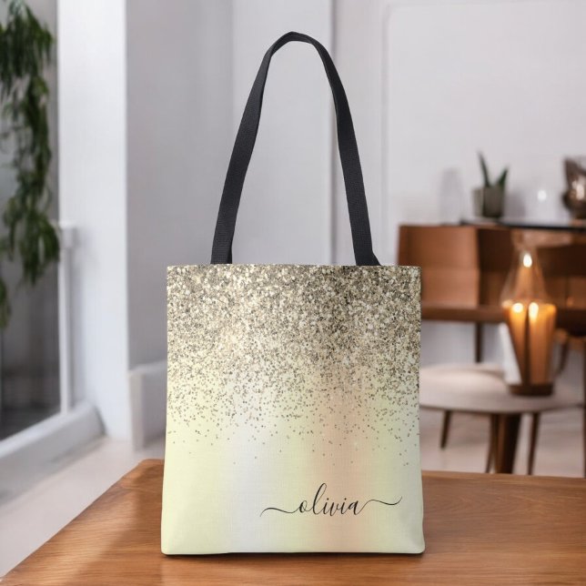 Gold Glitter Metal Monogram Glam Name Tote Bag (Creator Uploaded)